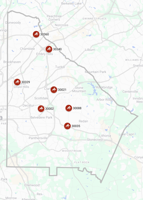 Map of DeKalb County, Georgia, indicating positive mosquito trap locations as of August 18, 2026.