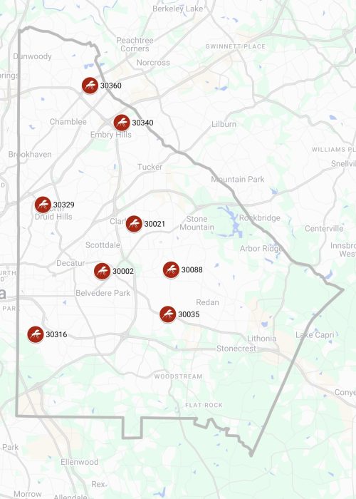 This map indicates the location of positive West Nile Virus mosquito traps in DeKalb County, GA, as of August 24, 2026.